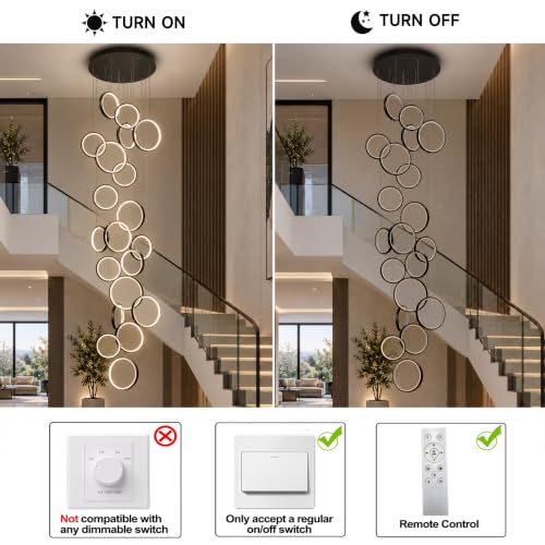 Modern 20 Ring Black LED Chandelier for High Ceilings (Black/20-Lights(circle,dimmable))