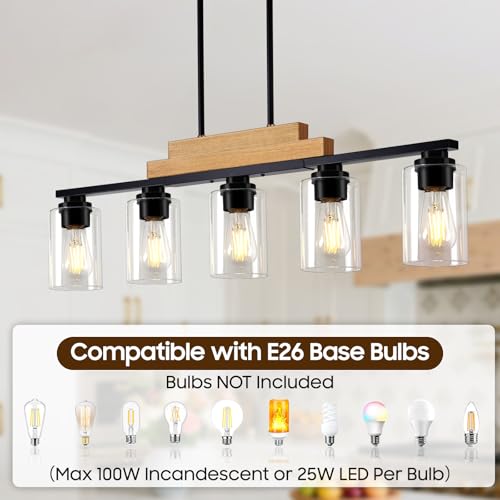 5 Light Wood Dining Room Light Fixture Over Table with Clear Glass Shade (Black & Beige / 5-Light)