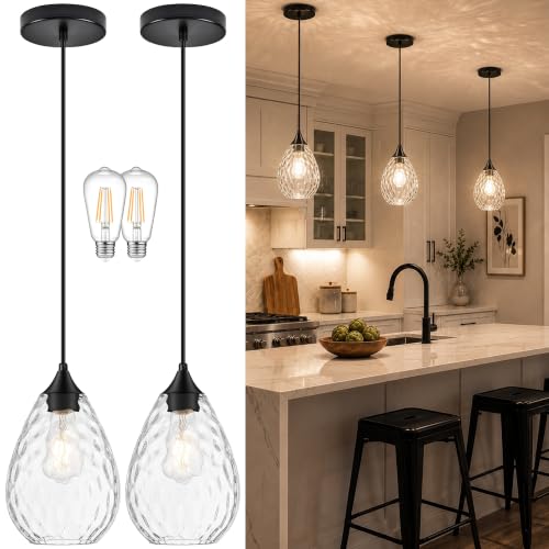Black Glass Pendant Lights Kitchen Island 6.3" Pendant Light Hammered Clear Glass 2 Pack Height Adjustable Modern Hanging Pendant Lights for Dining Room Bedroom Hallway Sink Bulbs Incl (Black, 2 PK / 6.3 Inch)