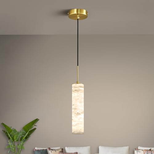 Natural Alabaster Pendant Lights for Kitchen Island White Marble Long Tube Chandelier 4000K Modern Gold Ceiling Light Fixtures for Bedroom Dining Room Table Living Room Hallway (Gold-NeutralLight / 10in-1Pack)