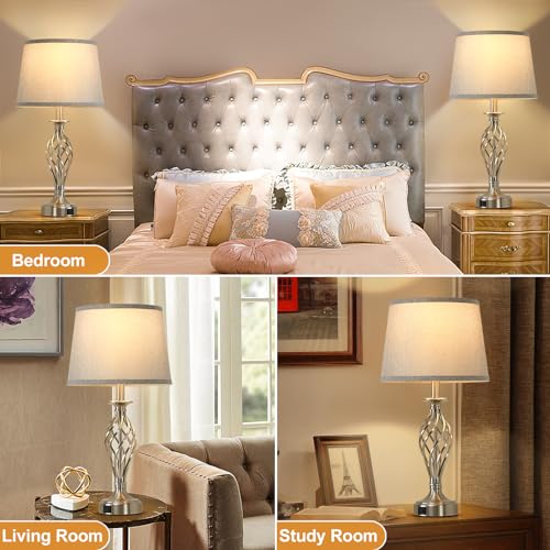 Table Lamp for Bedroom Set of 2 with USB C+A Ports (Silver Base + Grey Lampshade)
