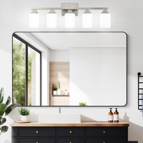 Brushed Nickel Bathroom Light Fixtures (Nickel-White Shade / 5-Light)