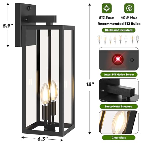 2 Pack 18” Large Upgraded Motion Sensor Outdoor Wall Lights (Black / 18in)