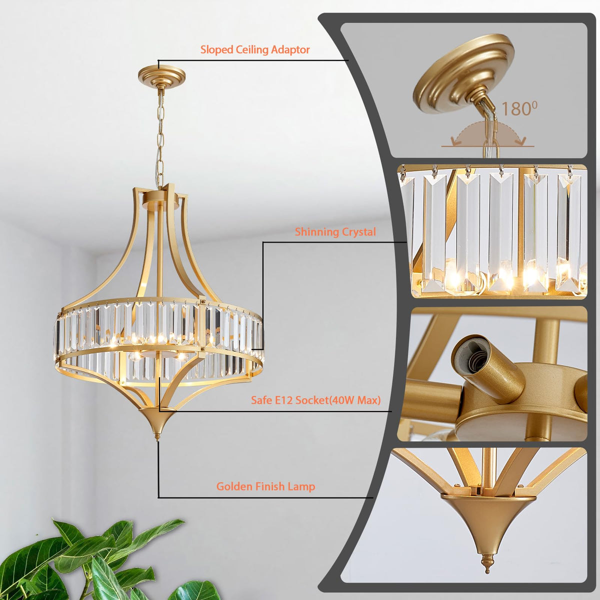 Crystal Chandeliers for Dining Room 21.6" Rustic Farmhouse Chandelier with Round Metal Shade 6 (21.6"-Gold)