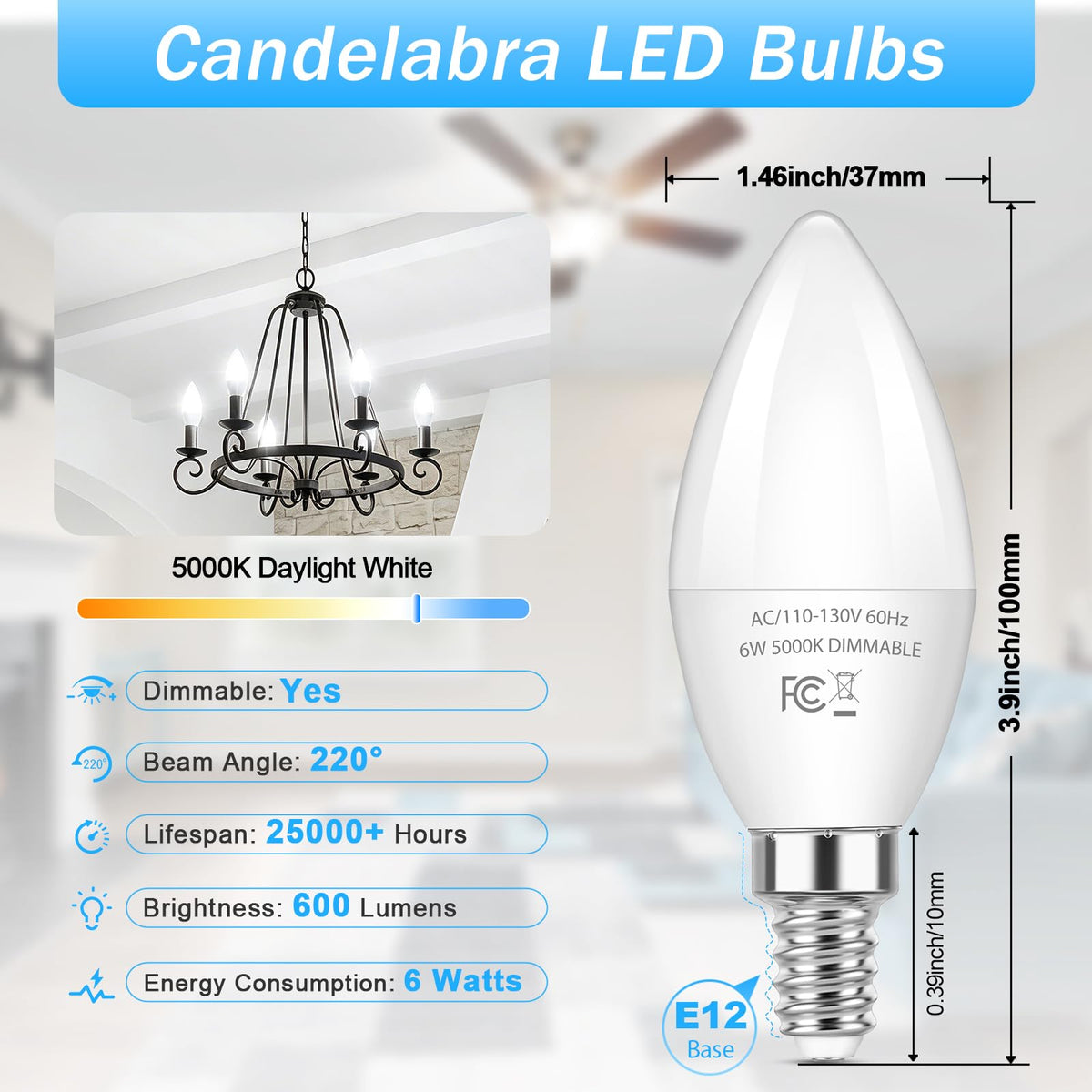 E12 LED Bulbs (5000k Daylight White / 6 Count (Pack of 1))