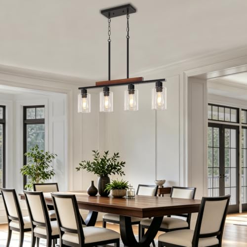 4 Light Rustic Island Light for Kitchen Linear Chandelier Dining Room Light (4-Light Clear Glass)