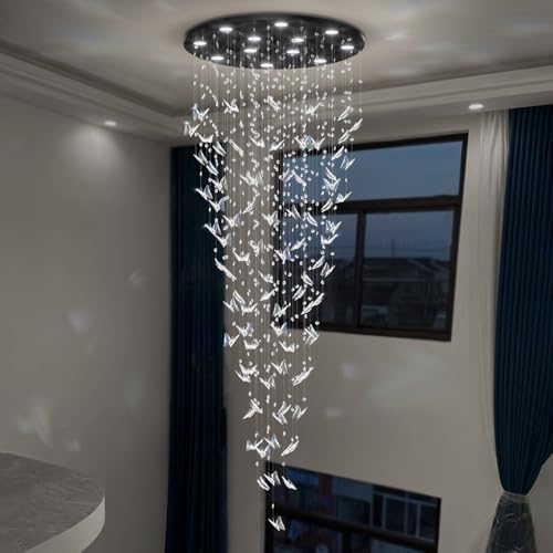 H102 High Ceiling Chandelier Modern Crystal Chandeliers Raindrop Chandelier for Staircase Foyer Entryway Living Room Dimmable 3000 (Black / Dia 32")