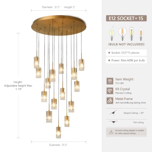 Modern Raindrop Brass Crystal Chandelier for Foyer High Ceilings (Brass / Round-15 Lights)