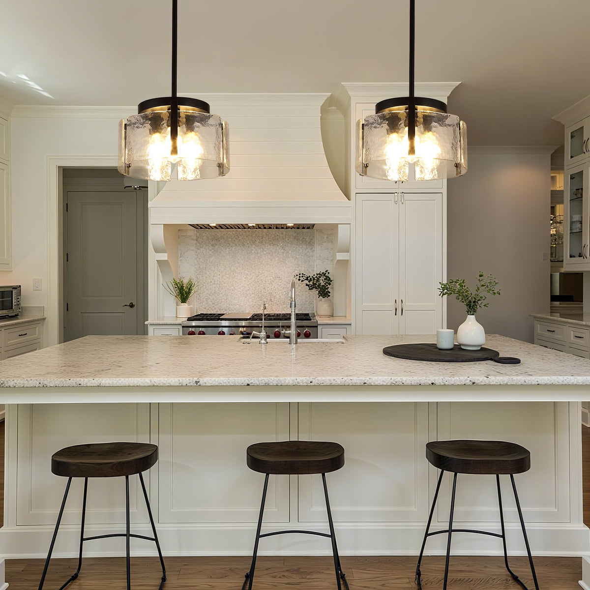 Glass Drum Chandelier for Dining Room (Black / 3-Light)