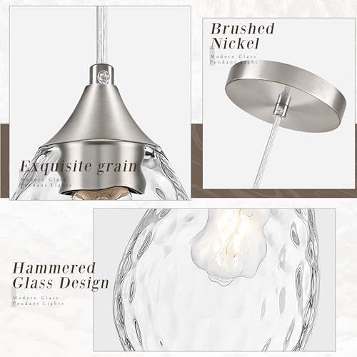 Nickel Glass Pendant Lights Kitchen Island 6.3" Pendant Light Hammered Clear Glass 3 Pack Height Adjustable Modern Hanging Pendant Lights for Dining Room Bedroom Hallway Sink Bulbs Incl (Nickel, 3 PK / 6.3 Inch)