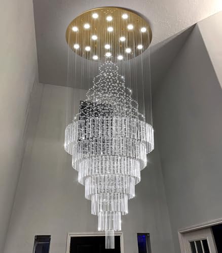 W40 x H120 Glam Chandelier with LED Bulbs Crystal Raindrop High Ceiling Pendant Light for Entrance Large Villa Chandelier Foyer Lighting Fixtures Gold (Gold / Round W40" X H118")