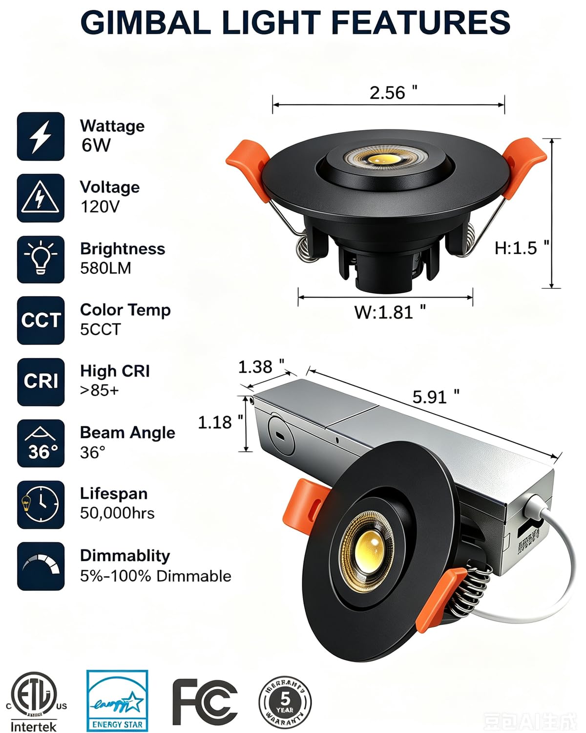 2 inch 5CCT Gimbal Led Recessed Lights (Black 5CCT / 2in 12pack)