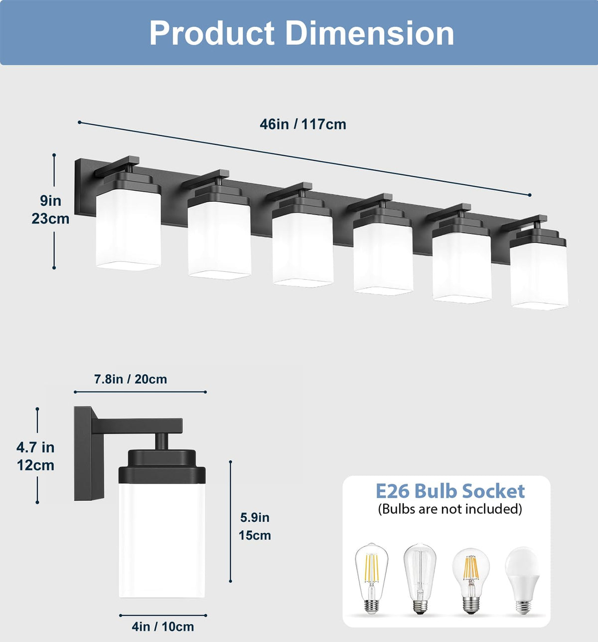 Matte Black Bathroom Light Fixtures (Black, Milky Shade / 6-Light, 46-inch)