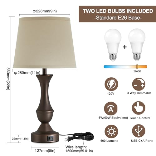 22" Table Lamp Set of 2 (Brown,Beige / 22in)