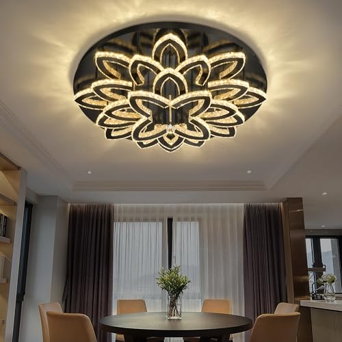 40" Modern Crystal Chandelier for Dining Room LED Dimmable Flush Mount Chandeliers Black Ceiling Chandelier for Living Room Bedrooms (Black / Dia 40")
