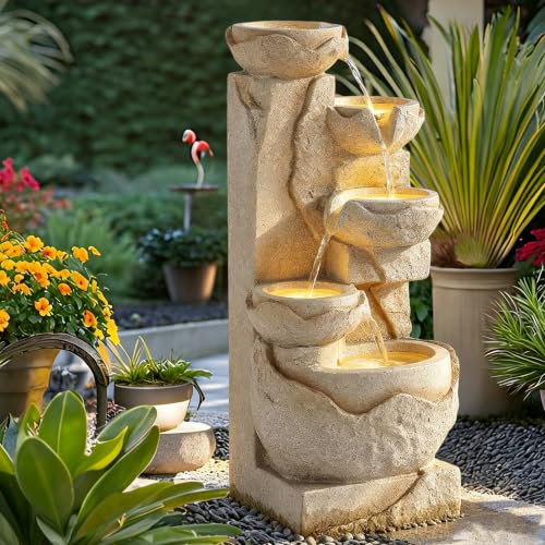Outdoor 24" H Water Fountain with 5 LED Lights (Beige)