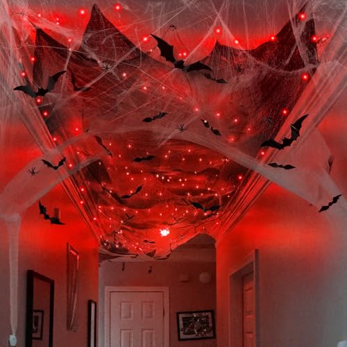 Halloween Spider Web Decorations with 32FT String Lights (Red Light)