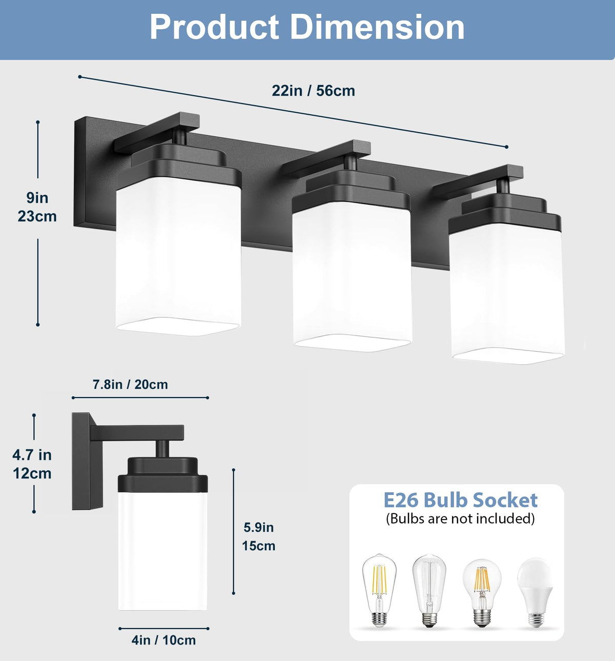 Matte Black Bathroom Light Fixtures (Black, Milky Shade / 3-Light, 22-inch)