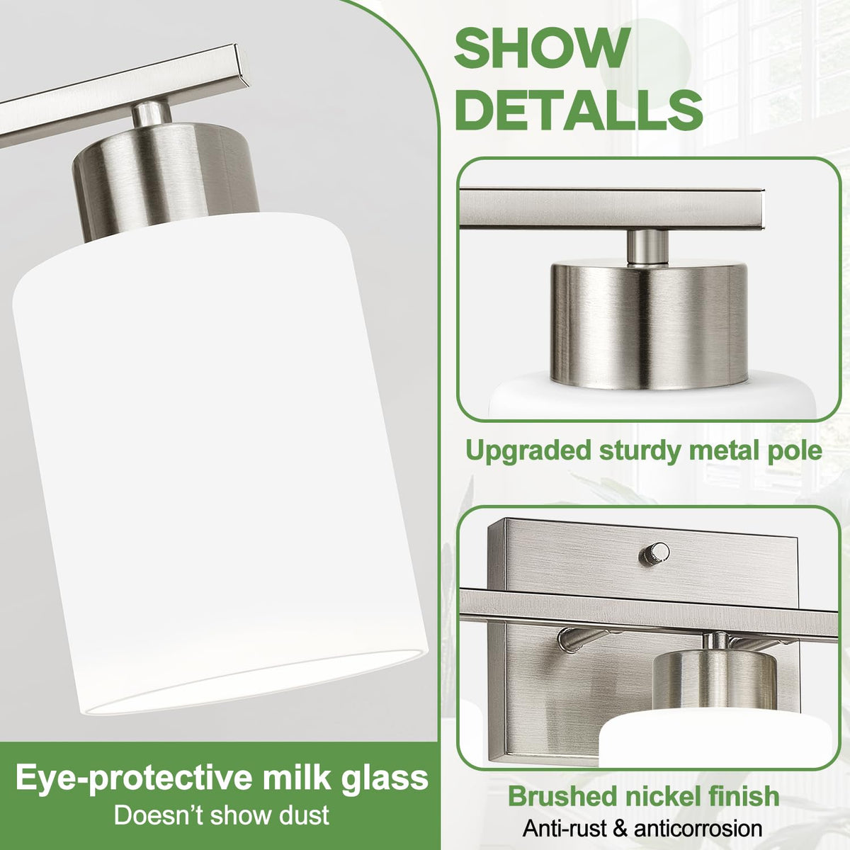 Brushed Nickel Bathroom Light Fixtures with Milk Glass Shades (Brushed Nickel & Milk Glass / 3-light)