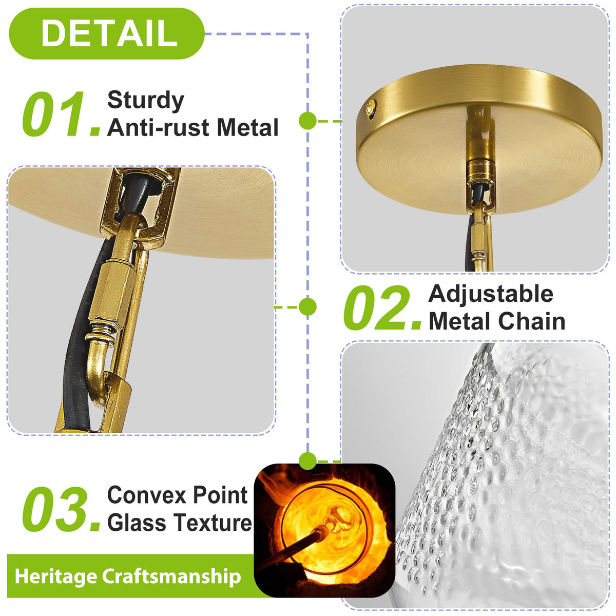 Gold Pendant Lights Kitchen Island with 9.84in Hammered Glass Shade 1Pack (Gold-Hammered Clear Glass)