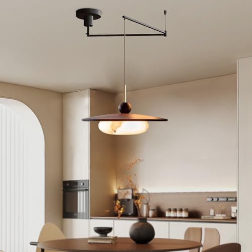 Modern Swing Arm Pendant Light Faux Alabaster Glass Shade Ash Wood Base Walnut Rotating Ceiling LED Lamp 3 Color Dimmable Dining Room Kitchen Interior Home Decor Lighting