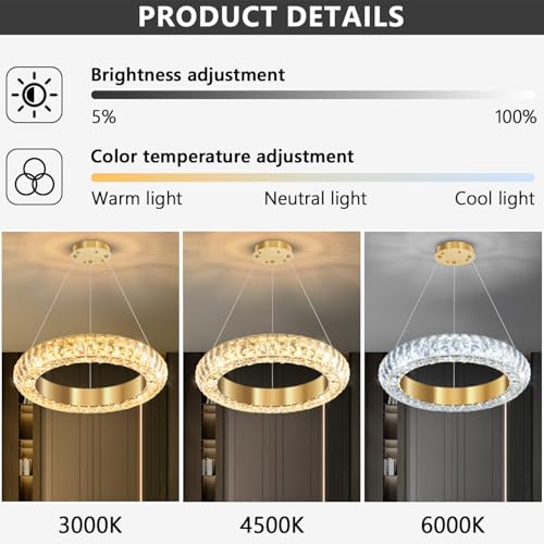 16" Ring Modern LED Dimmable Crystal Chandelier Adjustable Height Pendant Light Round Crystal Chandelier Light Fixtures for Dining Room Living Room Kitchen Island Gold (Gold / 1 Ring Round 16")