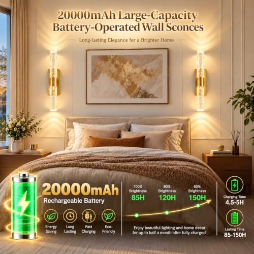 21 Inch Battery Operated Wall Sconces Set of two with 20000mAh Battery (Gold -21-20000)