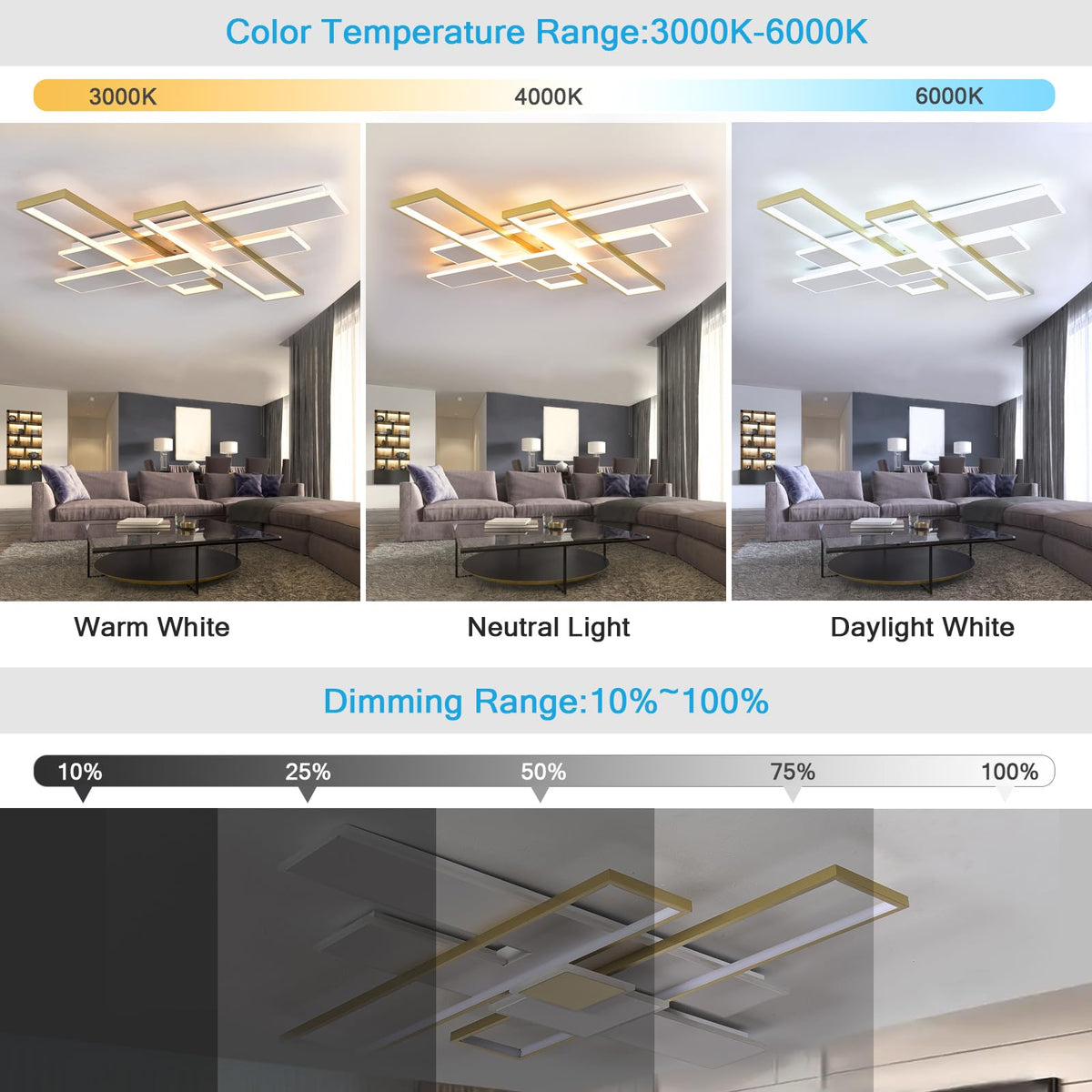 Large Modern LED Ceiling Light Fixture Flush Mount Dimmable Geometric Living Room Light Fixture Ceiling Lamps 3000K (Gold / X-Large,L41xW40in)