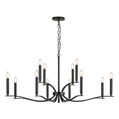 Black Living Room Chandelier 12 Light High Ceiling Foyer Candle Chandelier Large Dining Room Light Fixture Over Table 44in Metal Modern Chandeliers Hanging Light for Entry Master Bedroom (Black / 44 inch)