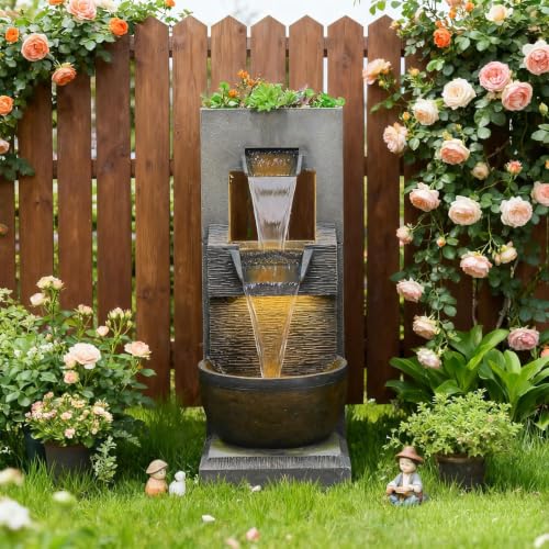 39H 3 Tier Modern Cascading Outdoor Water Fountain with Planter & LED Light (39H)