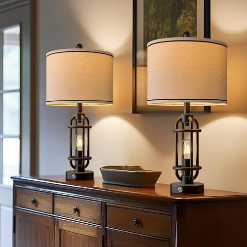 24'' Table Lamps for Living Room Bedroom Set of 2 Industrial Touch Lamp with USB A+C Ports (24'' Black - Set of 2)