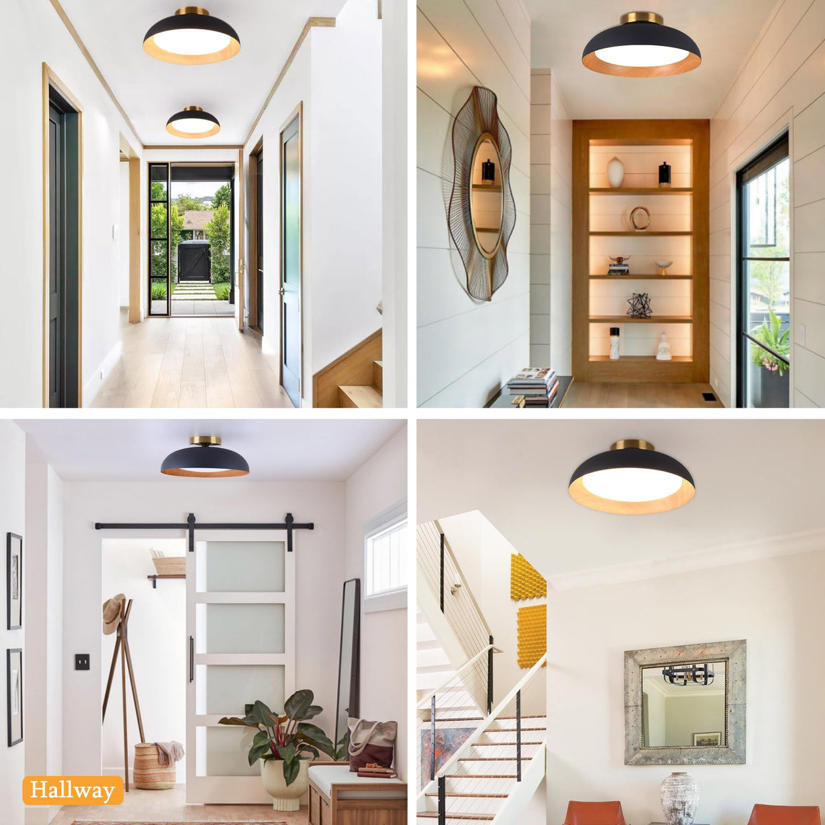 Flush Mount Ceiling Light (Matte Black with Wood Accent-5CCT / 12.5 Inch-1 Pack)