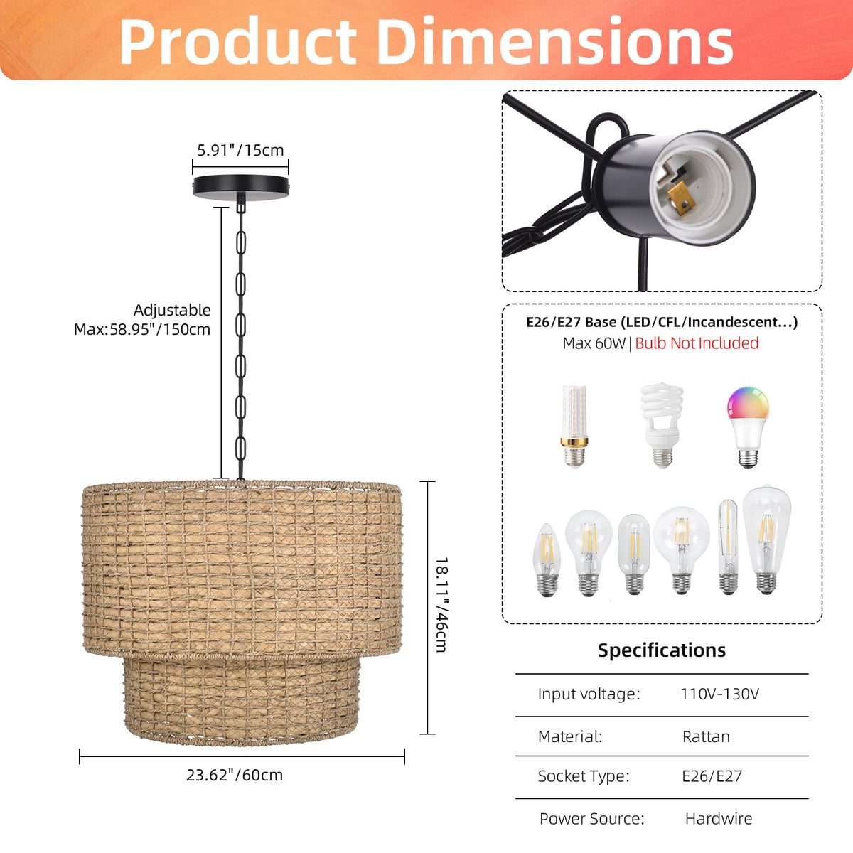 Large Rattan Chandelier Natural Woven Double Drum Pendant Light Vintage Ceiling Hanging Light Fixture for Kitchen Island Bedroom Hallway 23.62" (1-Light / 23.6″H)