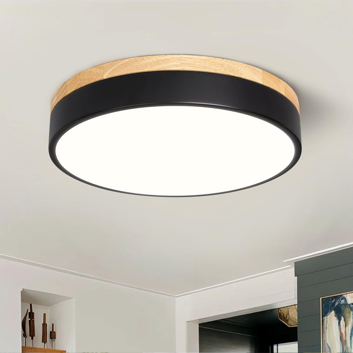 Dimmable LED Wood Black Round Flush Mount Ceiling Light 11.81 Inch (Black- Dimmable / 11.81 Inch)