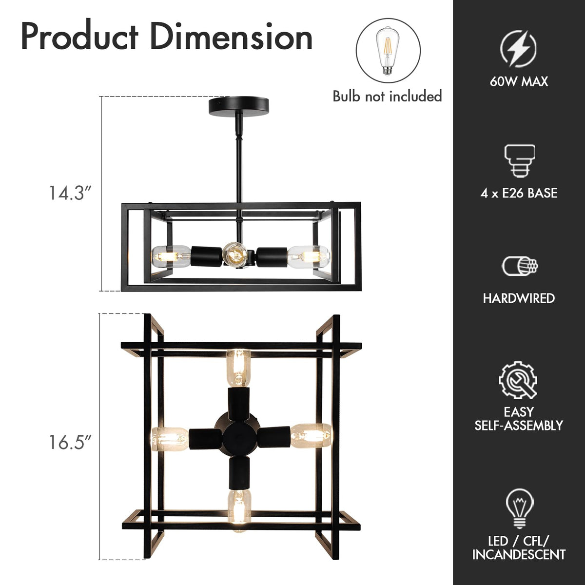 Modern Black Semi Flush Mount Ceiling Light Fixture 16.5"