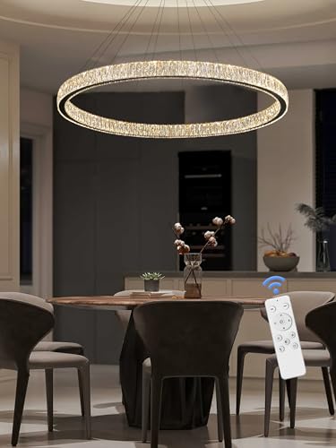 Modern LED Dimmable Crystal Chandelier 47.5" Ring Pendant Light Adjustable Round Chrome Crystal Chandelier Light Fixtures for Dining Room Living Room (Black 1 Ring 47.5")