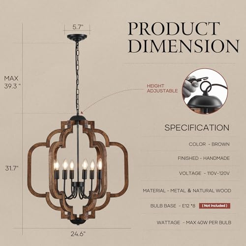 24.6" Farmhouse Vintage Chandelier 8 (Textured-Brown / D24" x H31" 8-Light)