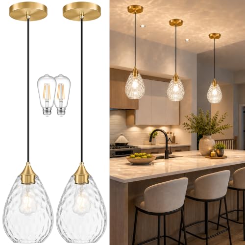 Gold Glass Pendant Lights Kitchen Island 6.3" Pendant Light Hammered Clear Glass 2 Pack Height Adjustable Modern Hanging Pendant Lights for Dining Room Bedroom Hallway Sink Bulbs Incl (Gold, 2 PK / 6.3 Inch)