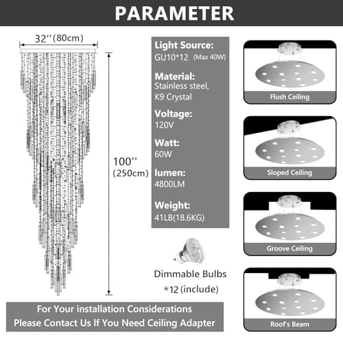 D32'' x H100'' Modern Crystal Chandelier High Ceiling Chandeliers for Entryway Glam Chandelier Large Raindrop Chandeliers LED Dimmable Light Fixtures for Staircaes Foyer Hallway Living Room Silver (D32'' x H100'' Silver)