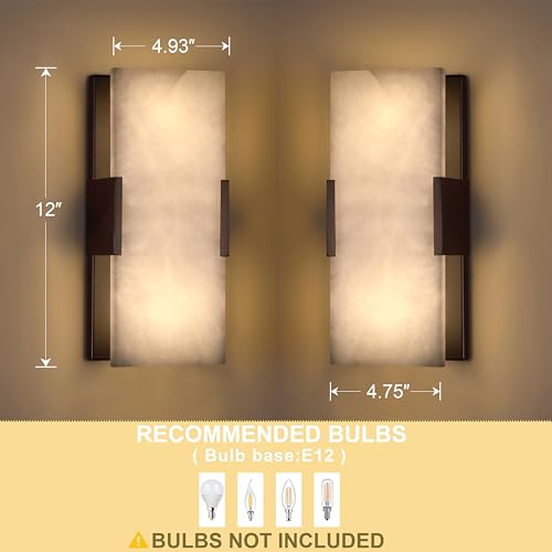 2 Light 12" Natural Square Alabaster Marble Bathroom Wall Sconce Modern Concise Style Wall Light Fixture (Square Marble Oil Rubbed Bronze 1 Pack)