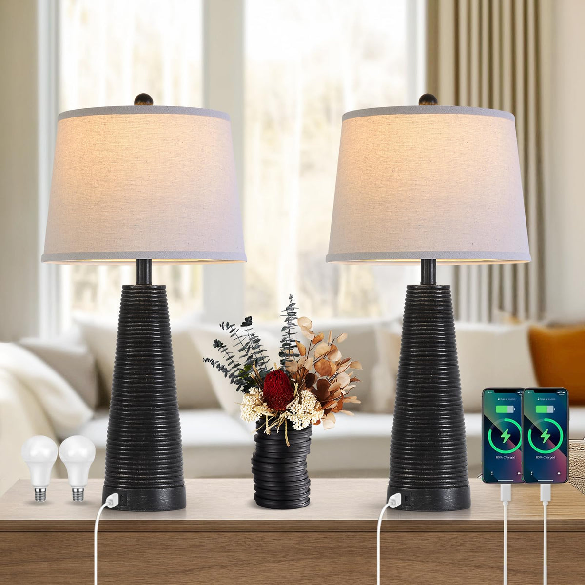 Nightstand Lamp Bedside Lamps Set of 2 Desk Lamp Vintage Rustic Farmhouse Table Lamp 3 Way Dimmable Light (BLACK WITH GOLD / High 24/27 Inch)