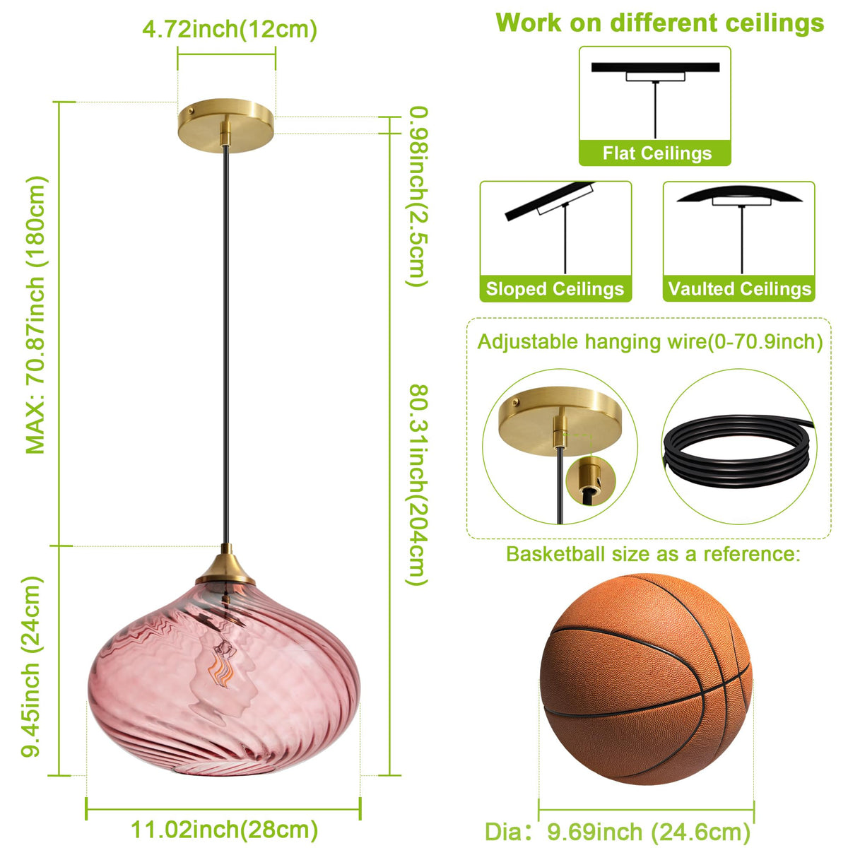 11in Gold Pendant Lights Kitchen Island with Purple Pink Glass Shade 1Pack (Gold-Striped Pink Glass)