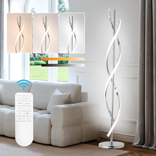 40W LED Modern Floor Lamp Remote Control Dimmable Spiral Floor Lamp Indoor Tall Lamp Floor Lamps for Living Rooms Family Rooms Bedrooms Offices Lighting (Silver A)