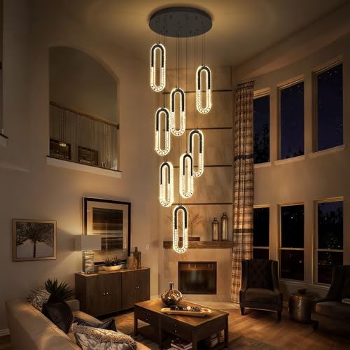 Modern Led Black Chandelier Adjustable 8 Rings Crystal Chandelier for Foyer Stairwell Crystal High Ceiling Pendant Light Dimmable 2700K (Black / 8 Rings (New))