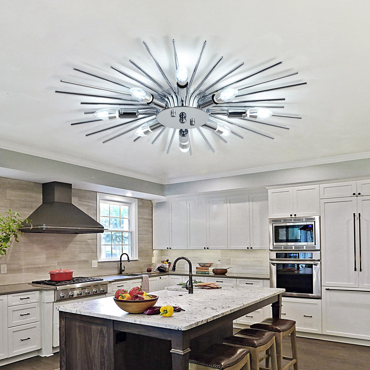 Semi Flush Mount 8 Light Ceiling Light Modern Metal Ceiling Lighting Chrome Light Fixture Chandelier for Farmhouse Kitchen Dining Room Bedroom Hallway Living Room (Silver)