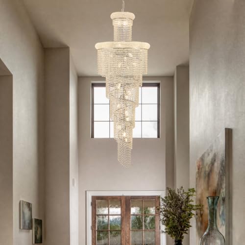 28 Light Large Long Spiral Crystal Chandelier for High Ceiling Foyer Entryway Living Room Staircase Chrome Finish 78'' H X 28'' W X 28'' D (Chrome / 78'' H X 28'' W X 28'' D)