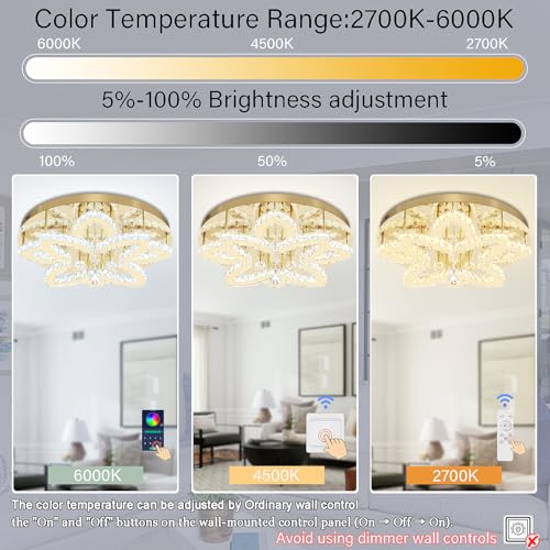 Dia 24" Modern Crystal Chandeliers Gold Chandelier LED Flush Mount Ceiling Light for Living Room Dining Room Bedroom Foyer Entryway LED Dimmable 2700 (Gold / Dia 24")