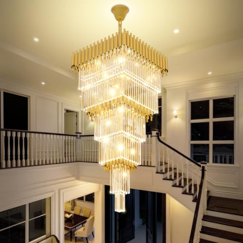 Modern Gold Crystal Staircase Chandelier Large Foyer Chandelier for High Ceiling Long Entryway Chandeliers Adjustable Chain for Hall Living Room Entrance W24 x H80 17 Lights (D24"XH80" Gold)
