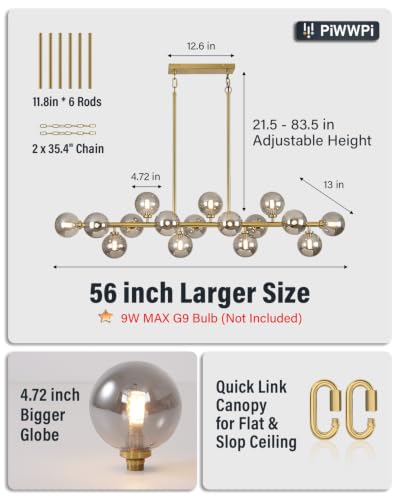 55" Long Brass Gold Chandeliers for Dining Room Kitchen Island (Gold (with Somke Grey Lampshade) / 55 Inch)