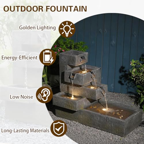 26" H Outdoor Water Fountain with 4 Tiers Cascading Rock Texture (49.5H / Deep Gray)